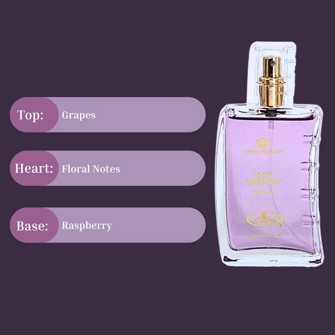 Al Rehab Grape Raspberry Eau de Parfum Spray 50ml in a velvet pouch, featuring a colorful bottle and floral design.