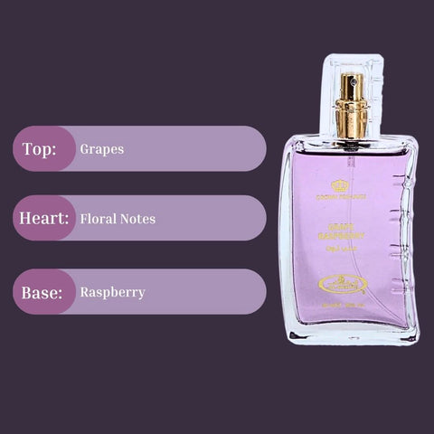 Al Rehab Grape Raspberry Eau de Parfum Spray 50ml in a velvet pouch, featuring a colorful bottle and floral design.
