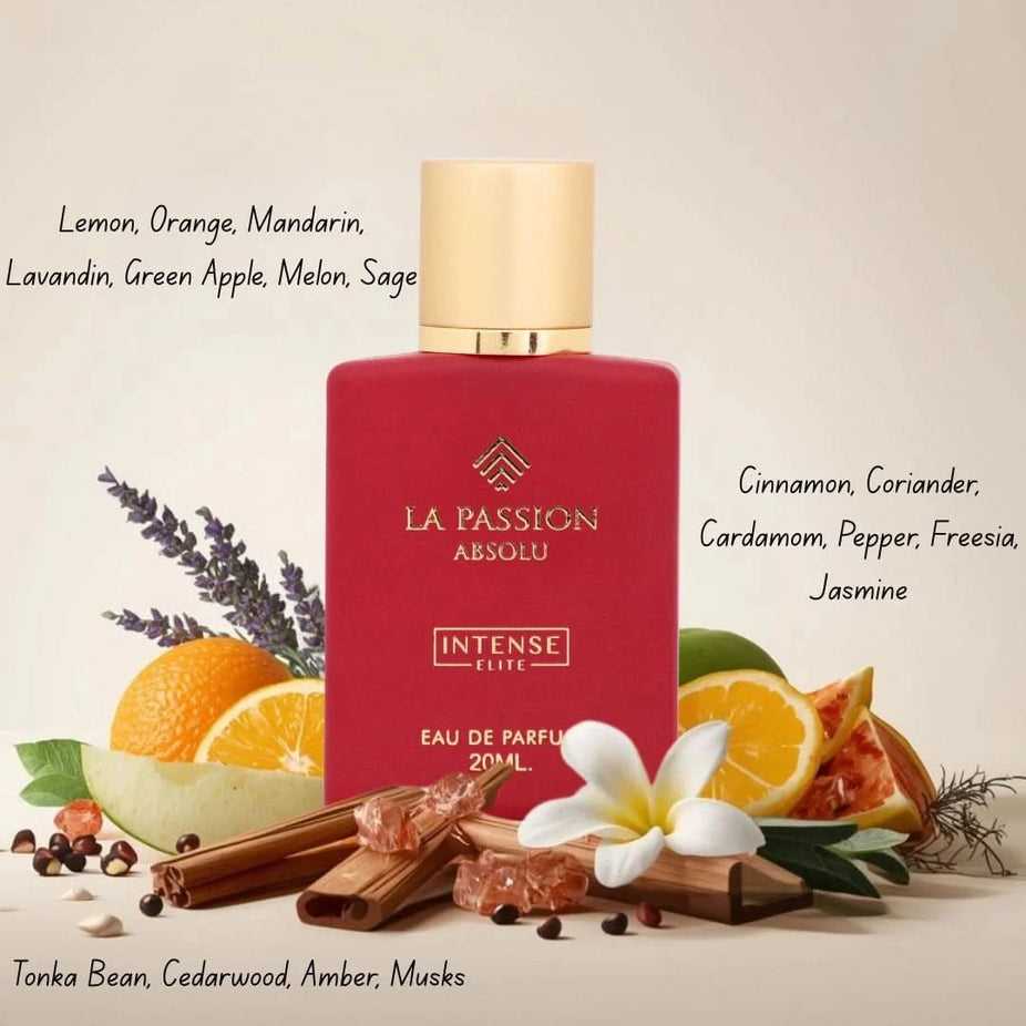 Set of three Intense Elite La Passion Blue, La Passion Absolu, and Crave Extreme Eau de Parfum sprays in 20ml bottles displayed.