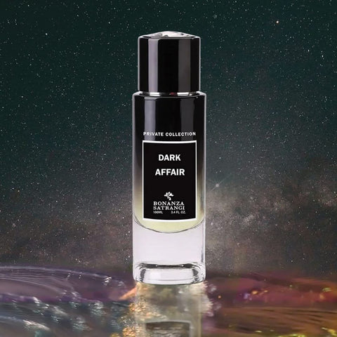 Bonanza Satrangi Dark Affair EDP spray 100ML with musky-woody fragrance, long-lasting and vibrant, stylish perfume bottle.
