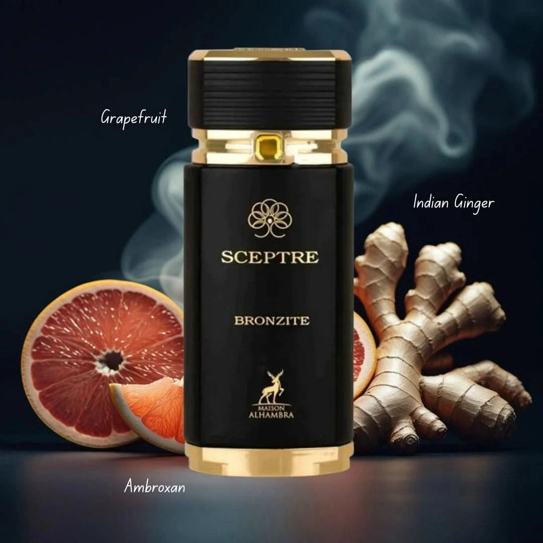 Set of five Maison Alhambra Sceptre Eau de Parfum sprays including Malachite, Amazonite, Oceana, Bronzite, and Desert, 100ml each.