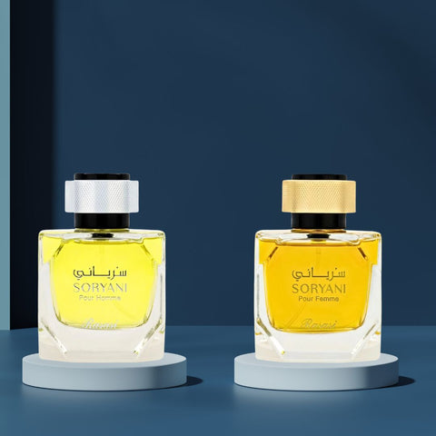Soryani Pour Homme & Soryani Pour Femme - EDP Sprays 100ML (3.4 OZ) by Rasasi | Long Lasting, Refreshing, Citrusy, Floral, Luxurious Scents. (AMAZING BUNDLE) - Intense Oud