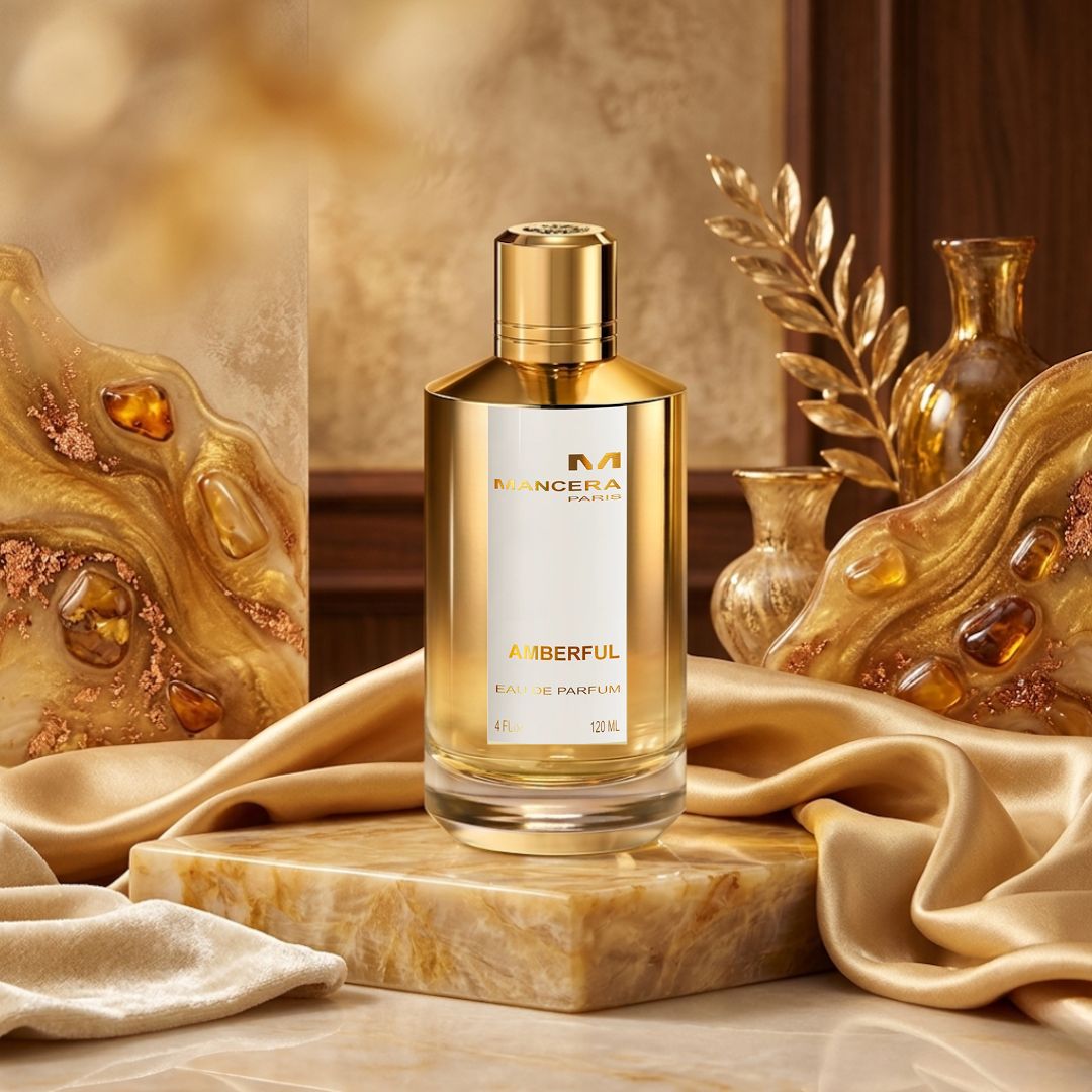 Amberful Eau de Parfum spray by Mancera, featuring a sleek bottle with amber-colored liquid and elegant packaging.