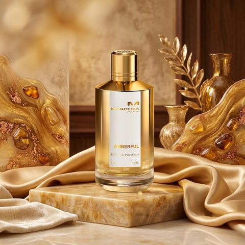 Amberful Eau de Parfum spray by Mancera, featuring a sleek bottle with amber-colored liquid and elegant packaging.