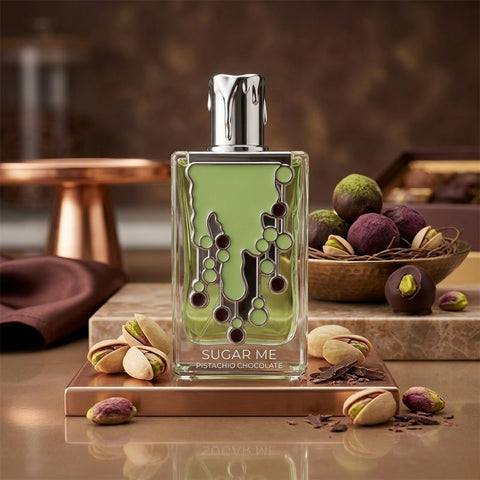 Maison Alhambra Sugar Me Pistachio Chocolate Eau de Parfum spray bottle, 100ml, featuring elegant packaging with pistachio and chocolate notes