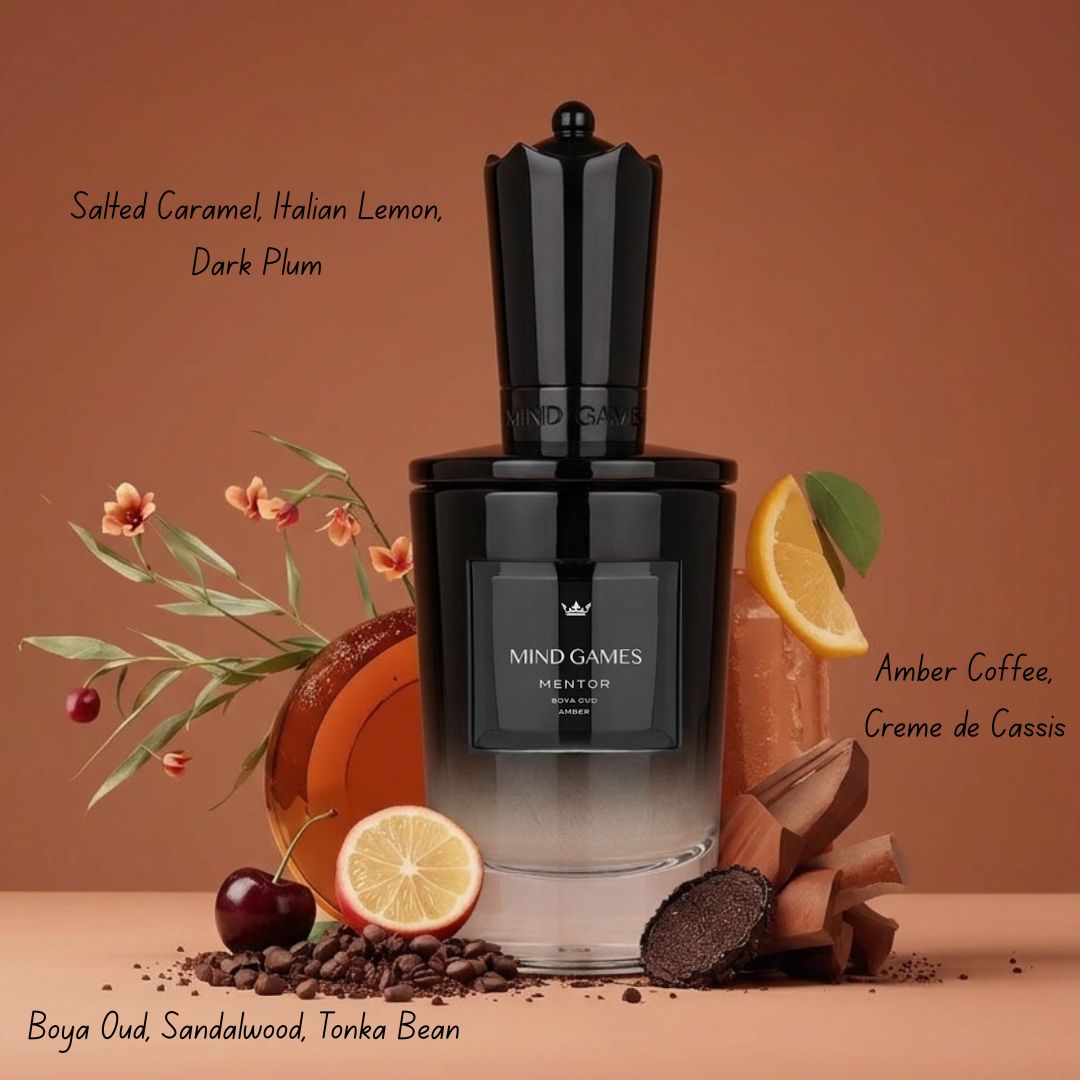 Mentor Extrait de Parfum 100ml by Mind Games, elegant glass bottle with minimalist design for EDP extrait de parfum.