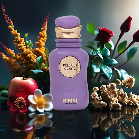 Precious Quartz Eau de Parfum Spray by Rimal Collection, 100ml bottle with elegant glass design and gold accents.