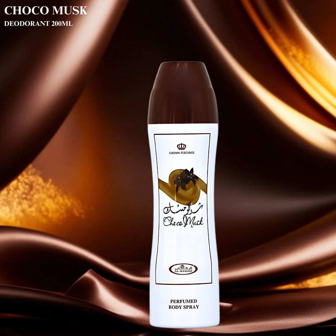 Al Rehab Choco Musk perfumed body spray in a 200ml deodorant bottle with velvet pouch, featuring chocolate and musk fragrance elements.