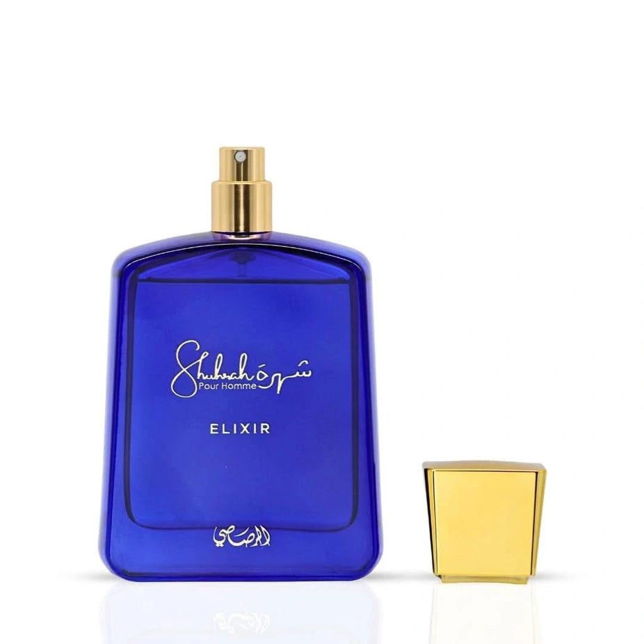 Rasasi Shuhrah Elixir Pour Homme Eau de Parfum spray bottle, 90ml, with elegant packaging and sleek design.