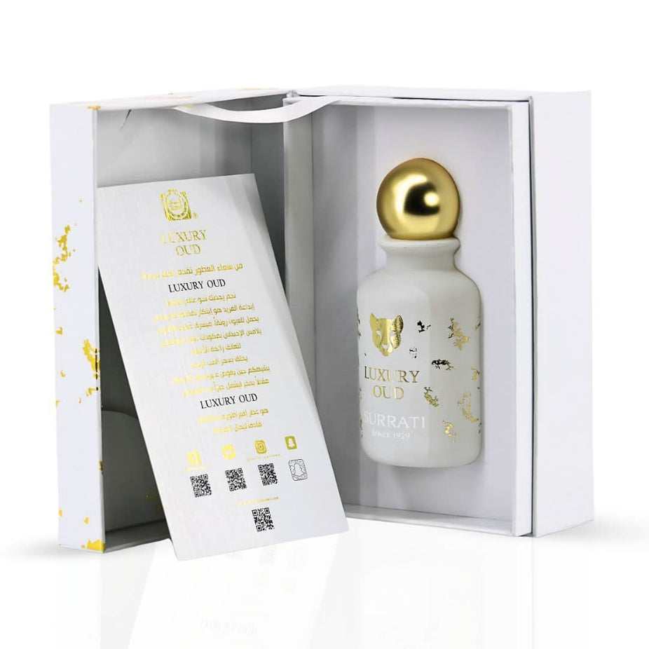 Luxury Oud Eau de Parfum spray by Surrati, 100ml bottle with elegant design and fragrance details visible.