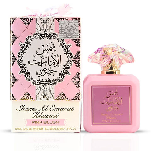 Bundle of three 100ml Eau de Parfums including Pink Blush by Ard Al Zaafaran, Hayaati Florence by Lattafa, and Fatima Pink by Zimaya.
