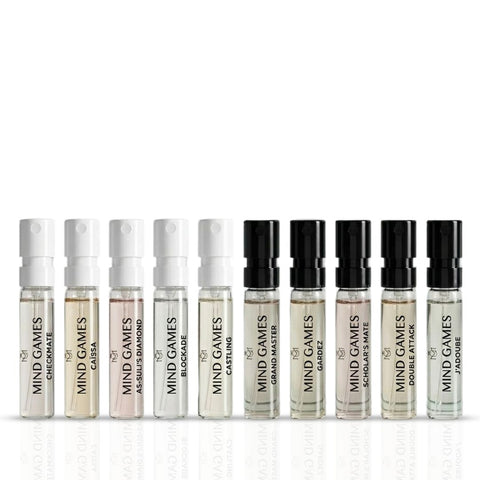 Mind Games Artisan Collection 10-piece sample discovery set with 2ml vials, featuring a variety of scents in small, colorful bottles.