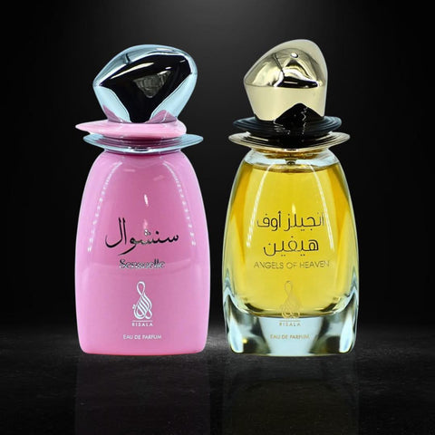 RISALA Sensuelle & Angels of Heaven Eau de Parfum bundle with two 100ml spray bottles, elegant perfume packaging.