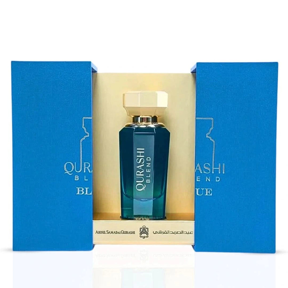 Al Qurashi Blend Blue Eau de Parfum Spray by ASQ, 90ml, featuring a sleek blue bottle and elegant design.