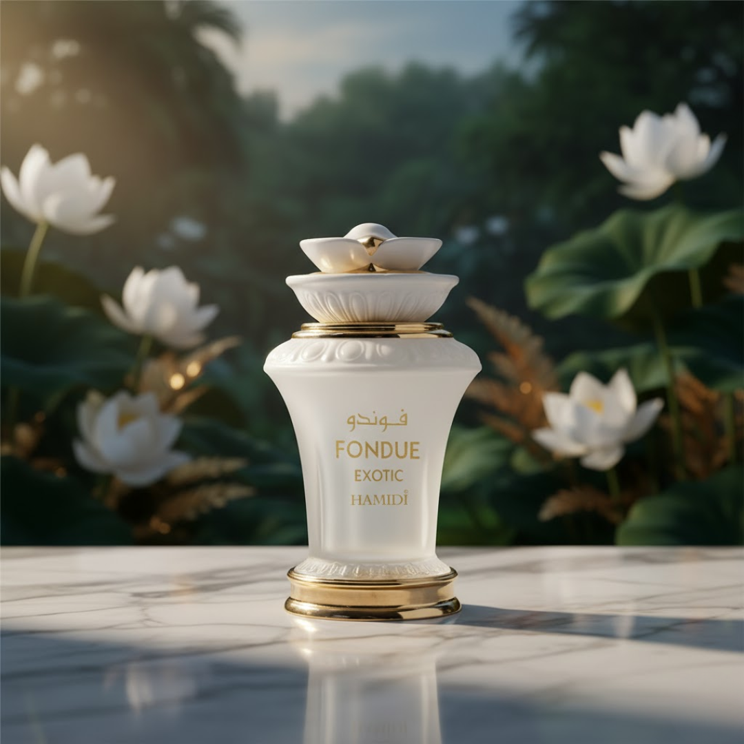 Hamidi Fondue Exotic Eau de Parfum spray 100ml with velvet pouch, featuring a sleek bottle and luxurious fragrance presentation.