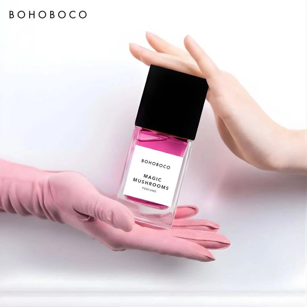 Bohoboco Magic Mushrooms Eau de Parfum spray bottle, 50ml (1.7 fl oz), with elegant packaging and floral design.