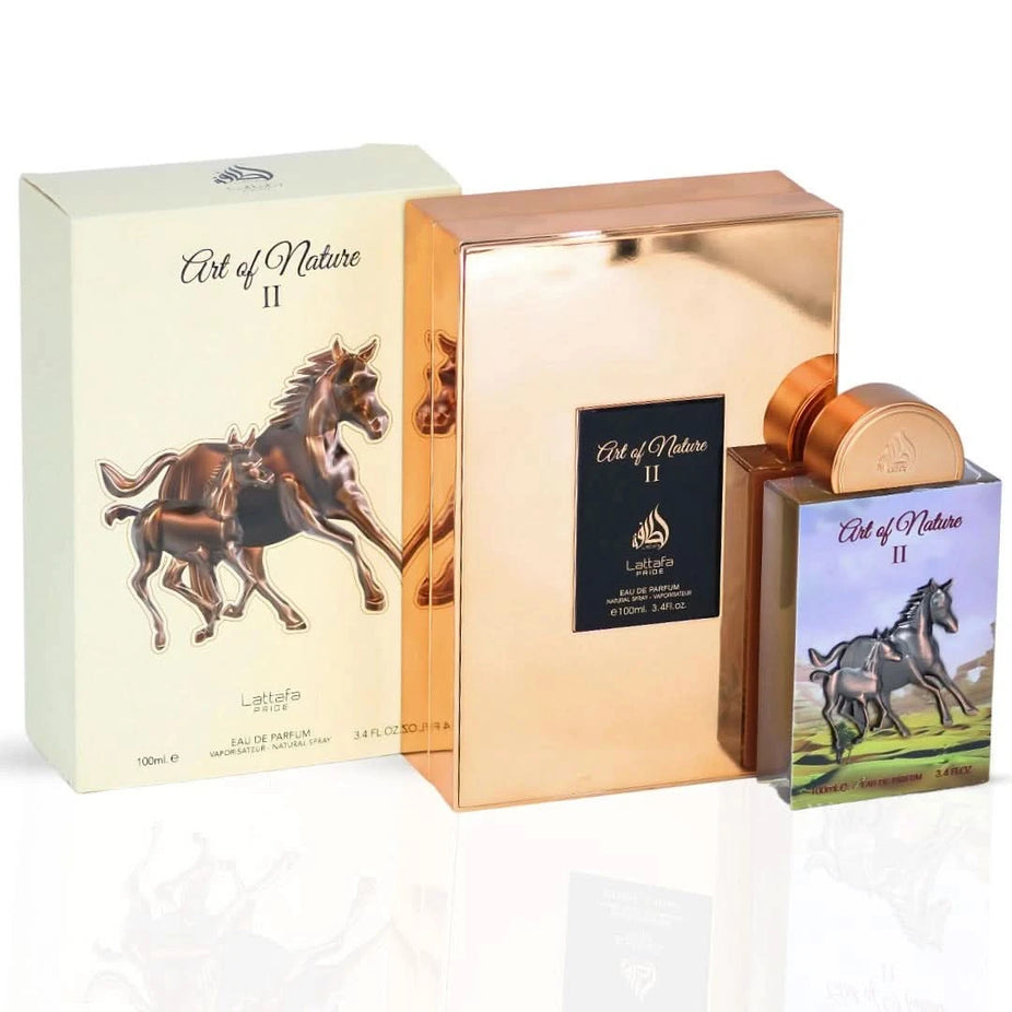 Lattafa Pride Art of Nature II Eau de Parfum spray 100ml bottle with elegant packaging and floral fragrance design.