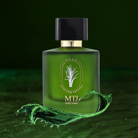 MTJ Khus Love Vetiver EDP spray 100ML featuring floral, warm, woody notes in a luxurious unisex fragrance bottle.