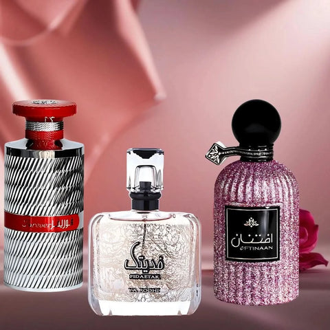 Fidetak Ya Roohi Pink, Eftinaan & Forever Silver Eau de Parfum Bundle by Ard Al Zaafaran, 100ml bottles in a colorful display