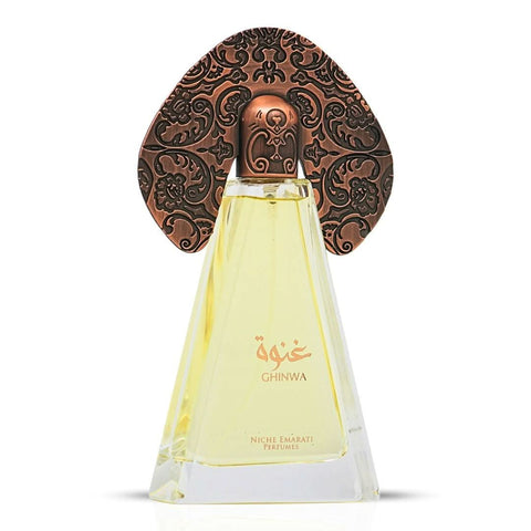 Lattafa Niche Emarati Ghinwa Eau de Parfum spray in a velvet pouch, showcasing the 100ml (3.4 oz) bottle with elegant design.