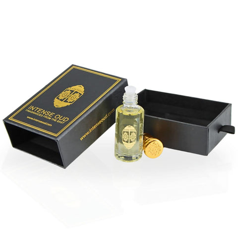 Intense Oud Warda Perfume Oil 12ml in a black gift box, loose oil fragrance with floral and oriental notes.