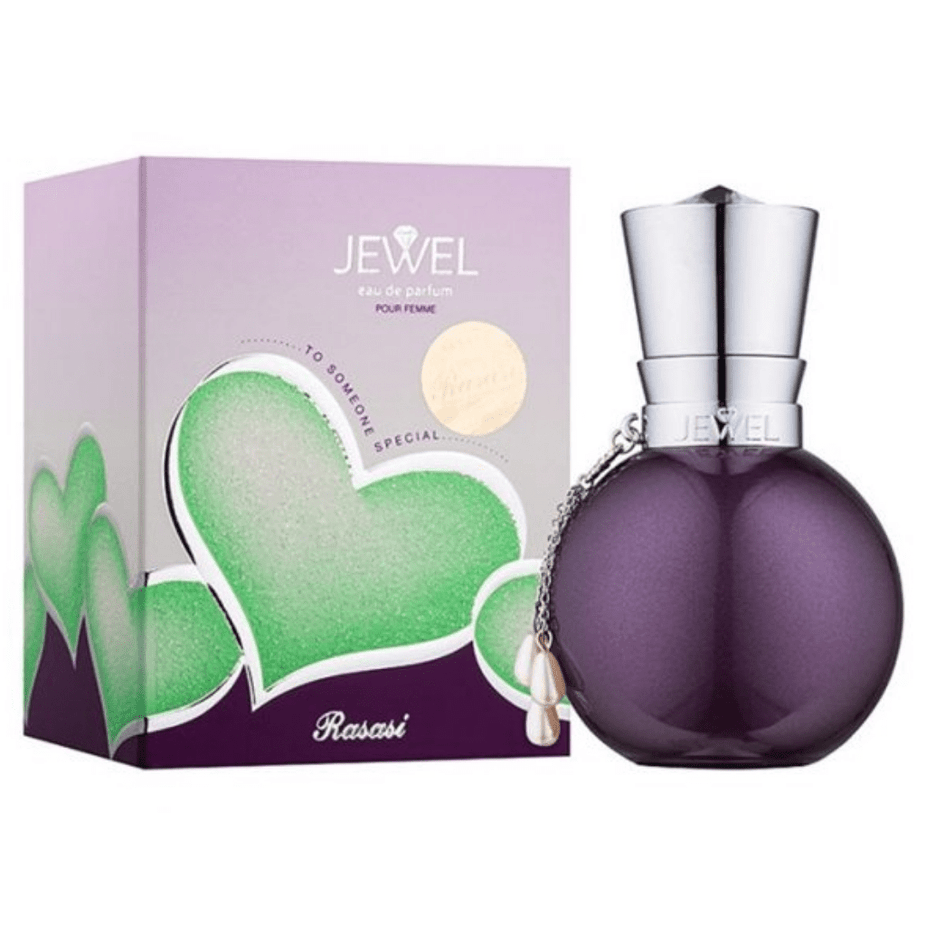 Rasasi Jewel for Women EDP 50ml perfume bottle with elegant packaging and floral design, showcasing the fragrance's luxurious appeal.