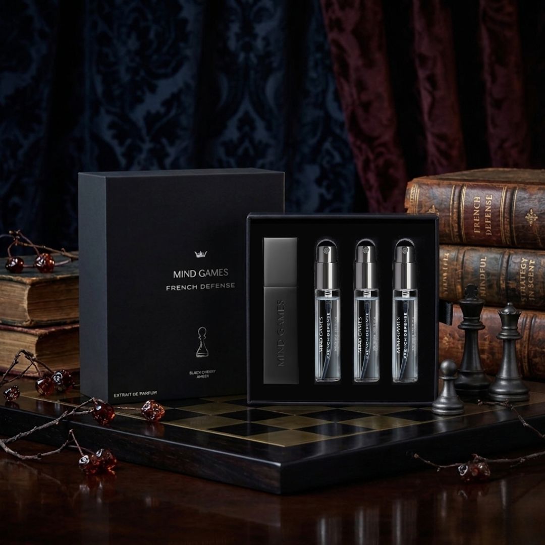 French Defense Travel Trio by Mind Games, set of three 7.5ml bottles, displayed in a compact collection with labels visible.
