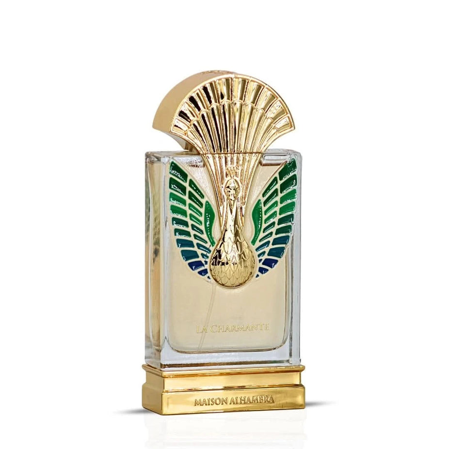 Maison Alhambra La Charmante Eau de Parfum spray bottle, 100ml, with elegant packaging and floral design.