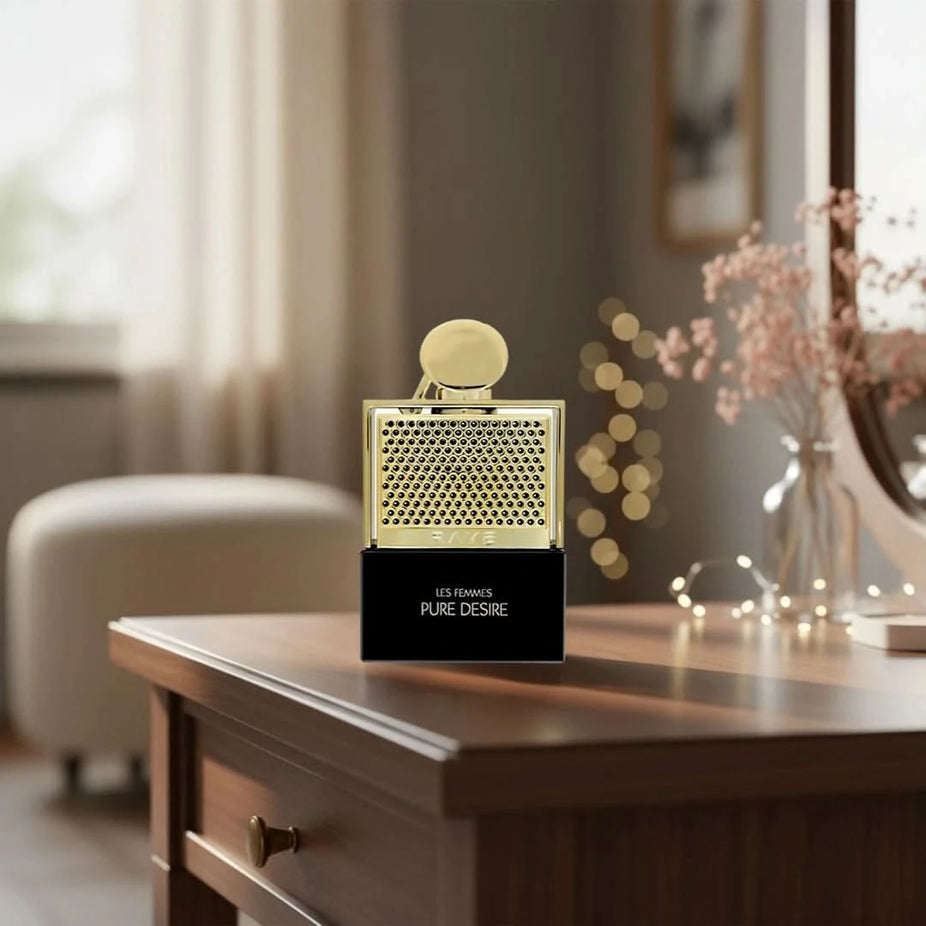 Pure Desire Gold Eau de Parfum spray by RAVE, 100ml bottle with elegant packaging, showcasing the luxury perfume design.