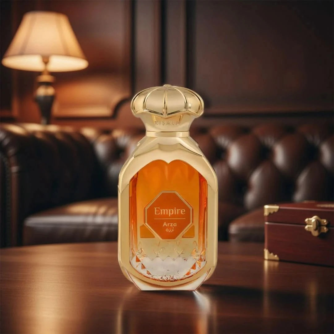 Empire Arza Eau de Parfum Spray by RISALA in a velvet pouch, 100ml bottle with elegant design for women.