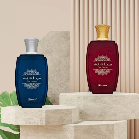 Rasasi Marha Pour Homme and Femme Eau de Parfum bundle, 100ml spray bottles, featuring elegant packaging and fragrance bottles.