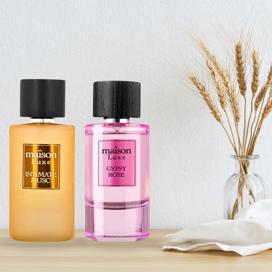 Hamidi Maison Luxe Intimate Musc and Gypsy Rose Eau de Parfum spray bundle, 110ml bottles with elegant packaging.