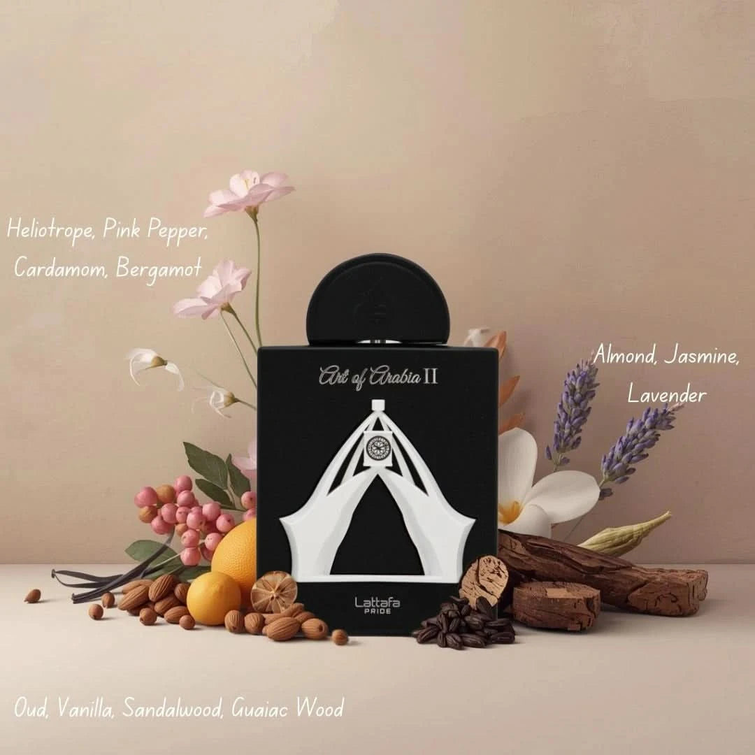 Lattafa Art Of Arabia Eau de Parfum spray bundle, three 100ml bottles with elegant packaging and floral and oriental fragrance designs.