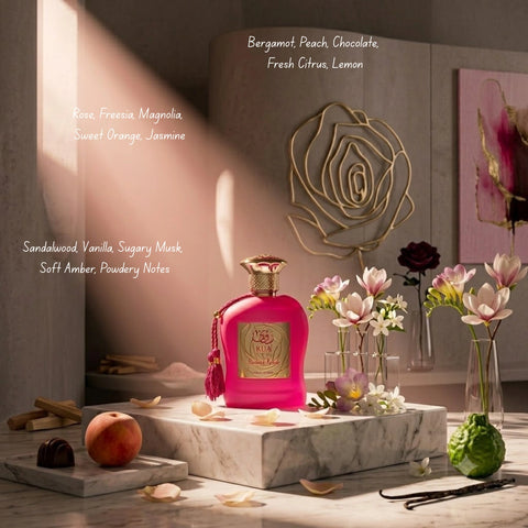 Intense Oud bundle featuring Rua Radiant Roses Eau de Parfum spray and Ajwad Pink to Pink EDP by Lattafa, displayed together.