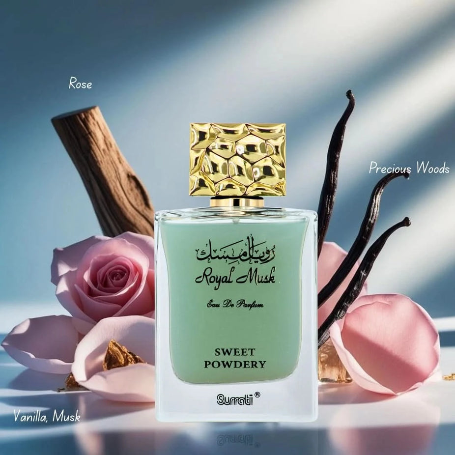 Surrati Royal Musk Sweet Powdery Eau de Parfum spray bottle, 100ml, with elegant packaging and floral design.