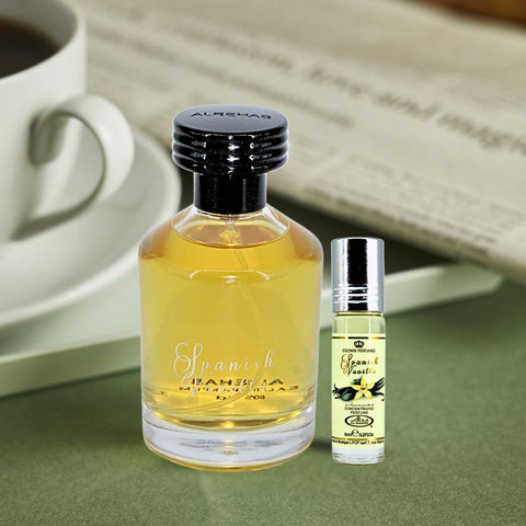 Spanish Vanilla EDP Spray 100ML (3.4 OZ) & Spanish Vanilla Perfume Oil CPO 6ML (0.2 OZ) By Al Rehab | A Luxurious Soft, Sweet Vanilla Fragrance. (DELUXE BUNDLE) - Intense Oud