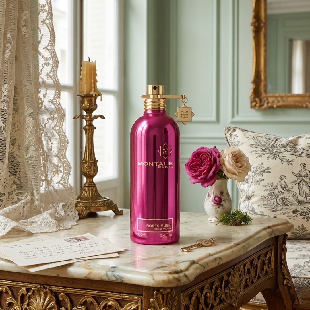 Montale Roses Musk Eau de Parfum Spray 100ml bottle with elegant floral and musk design.