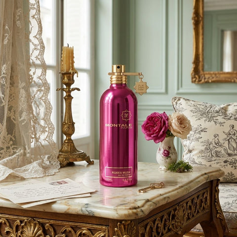Montale Roses Musk Eau de Parfum Spray 100ml bottle with elegant floral and musk design.