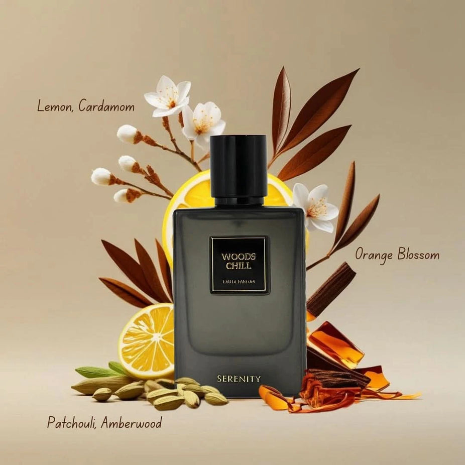 Serenity Rosewood Noir & Woods Chill Eau de Parfum spray bundle, 50ml, featuring elegant bottles with dark wood accents.