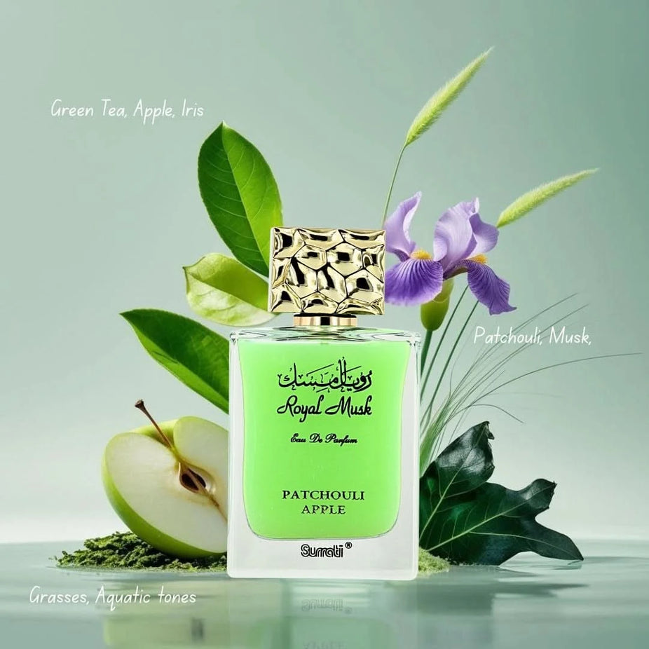 Surrati Royal Musk Patchouli Apple Eau de Parfum spray bottle, 100ml, featuring a sleek design and elegant packaging.