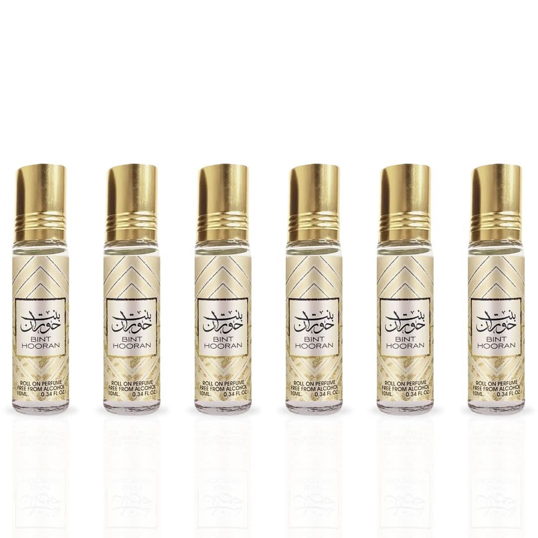 Six bottles of Ard Al Zaafaran Bint Hooran Roll-On Perfume Oil, 10ml each, in a value pack, with elegant packaging.