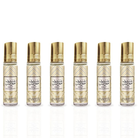 Six bottles of Ard Al Zaafaran Bint Hooran Roll-On Perfume Oil, 10ml each, in a value pack, with elegant packaging.