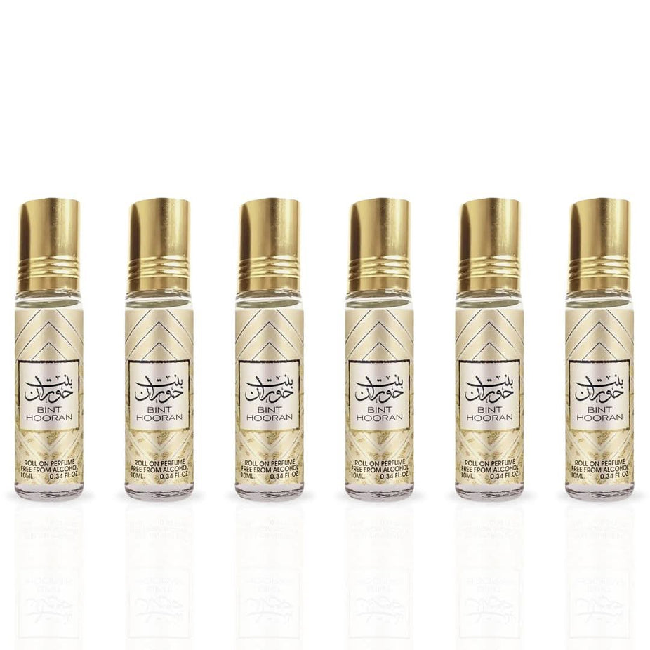 Six bottles of Ard Al Zaafaran Bint Hooran Roll-On Perfume Oil, 10ml each, in a value pack, with elegant packaging.