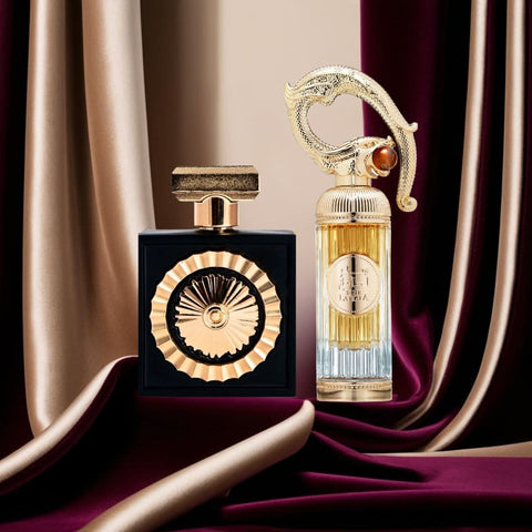 Lattafa Nebras & Sehr Eau de Parfum spray bundle, 100ml each, with elegant bottles and stylish packaging.