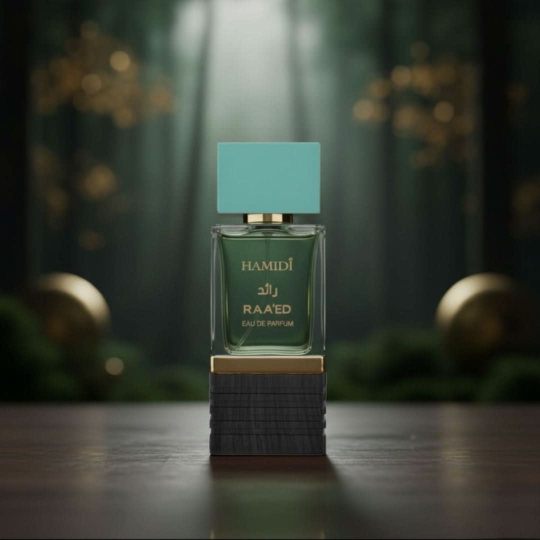 Hamidi Raeed Eau de Parfum Spray 100ml bottle with elegant packaging and spray nozzle, showcasing the fragrance design.