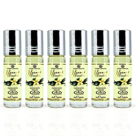 Six 6ml bottles of Al Rehab Spanish Vanilla Perfume Oil, concentrated CPO with vanilla scent in clear glass bottles.