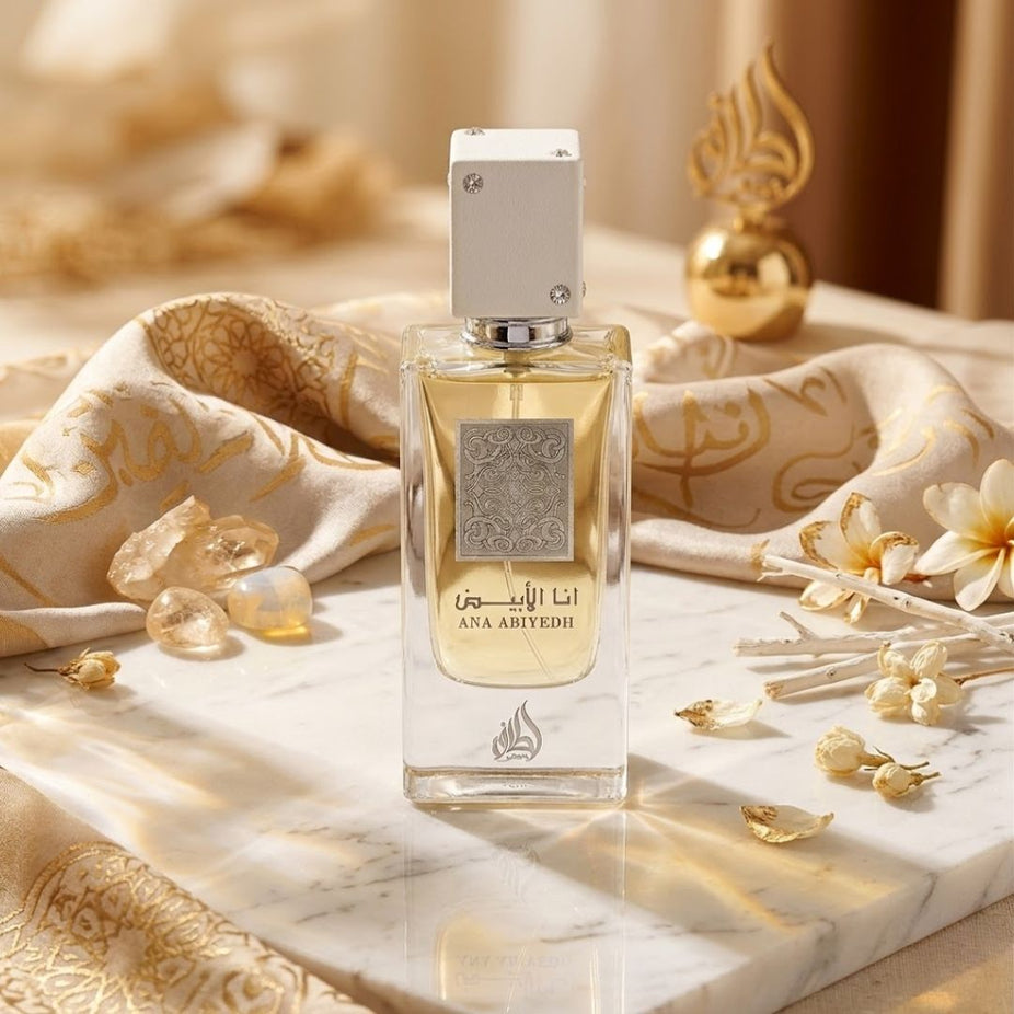 Lattafa Ana Abiyedh Eau de Parfum spray bottle, 60ml, with elegant packaging and floral fragrance design.