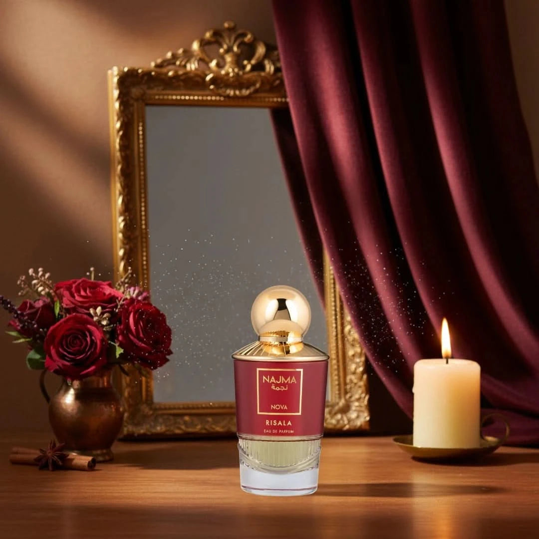 Najma Nova Eau de Parfum by Risala, 100ml spray bottle, elegant perfume bottle with floral and gold accents.