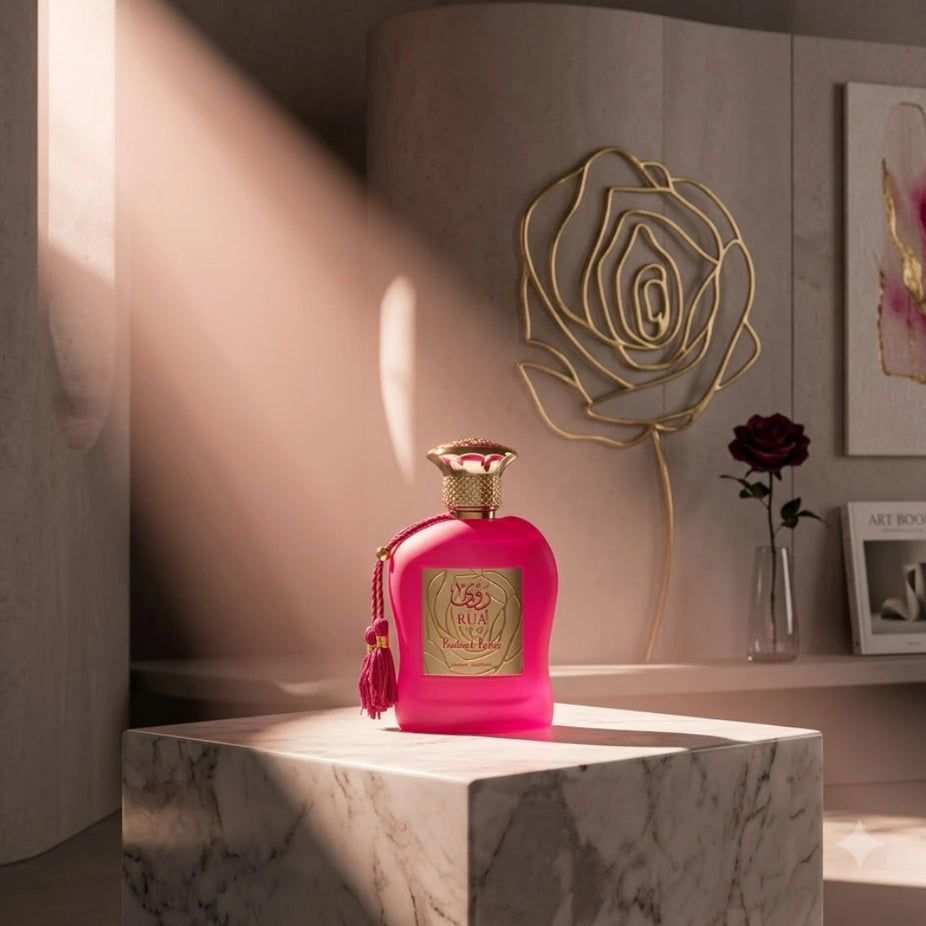 Rua Radiant Roses Eau de Parfum spray by Paris Corner, 100ml, featuring a delicate floral fragrance with a elegant perfume bottle.