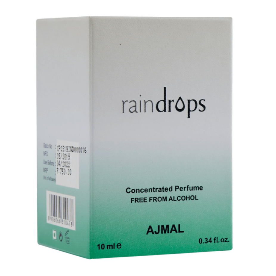 Ajmal Raindrops Perfume Oil in 10ml CPO bottle, featuring a sleek design and clear glass container for concentrated fragrance.